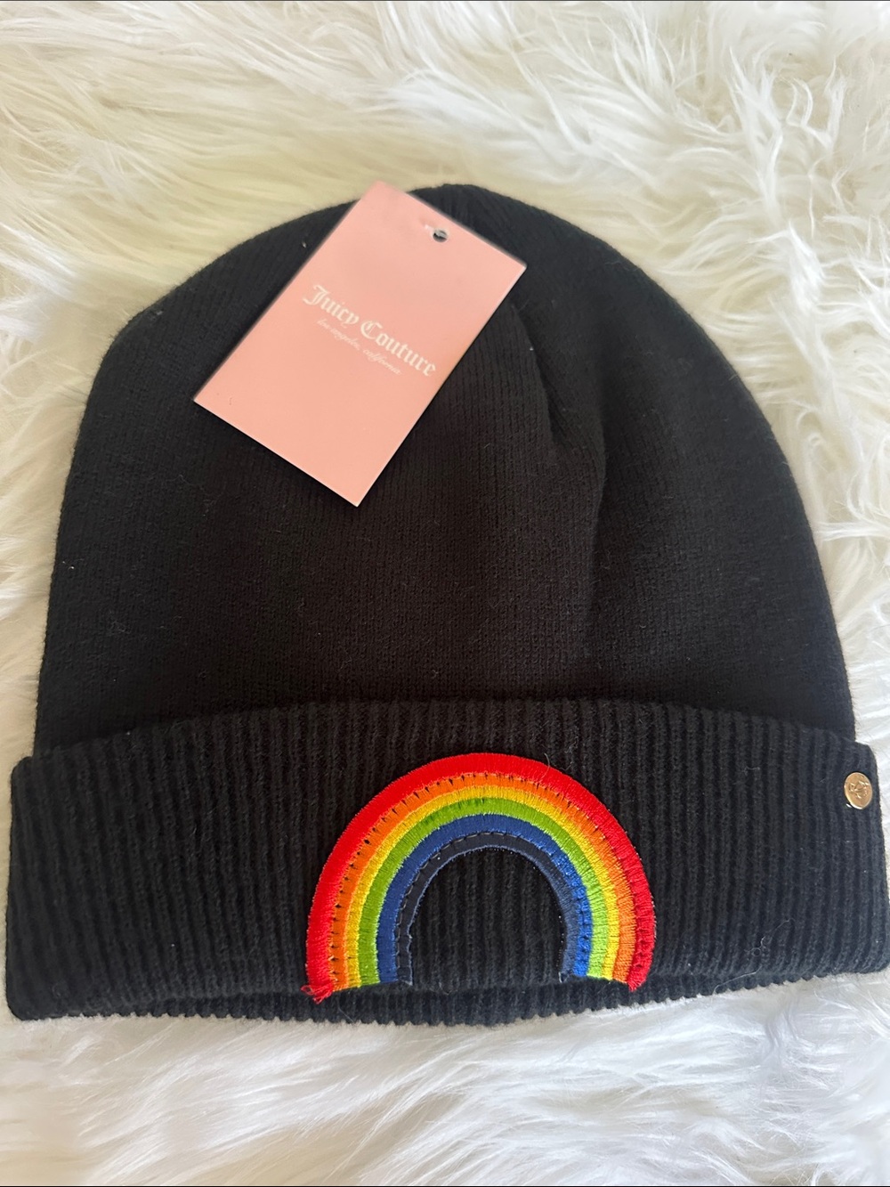 Juicy Couture Black Beanie with Rainbow Patch Accent